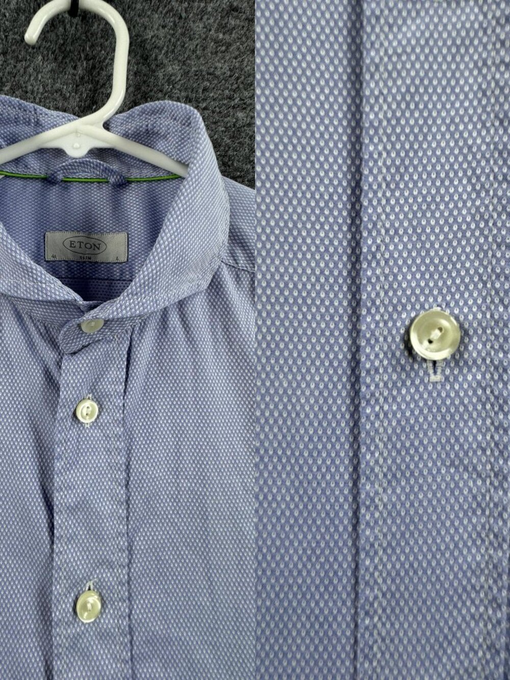 Eton Pique Slim Large Blue White Cotton Long Sleeve Shirt Mens Business Pocket